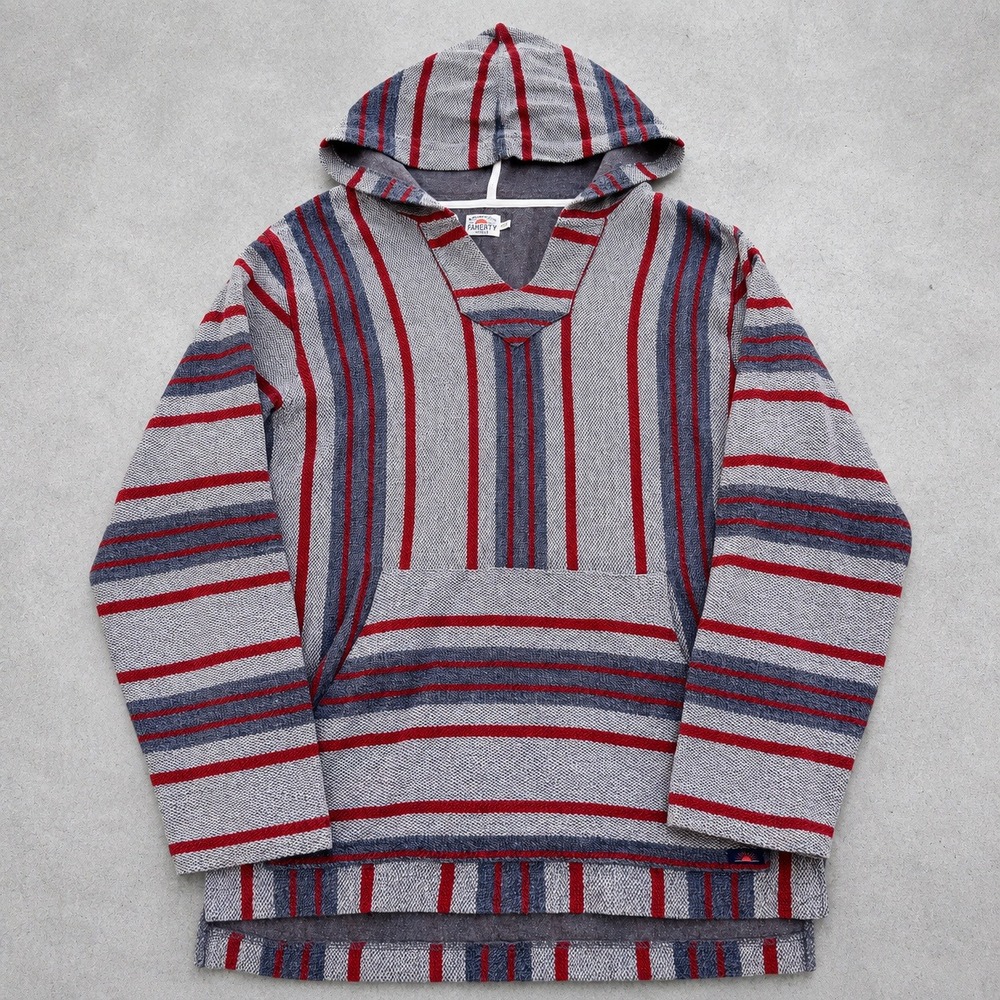 Faherty Brand Baja Hoodie Striped Grey Red Navy Blue Pullover Size M